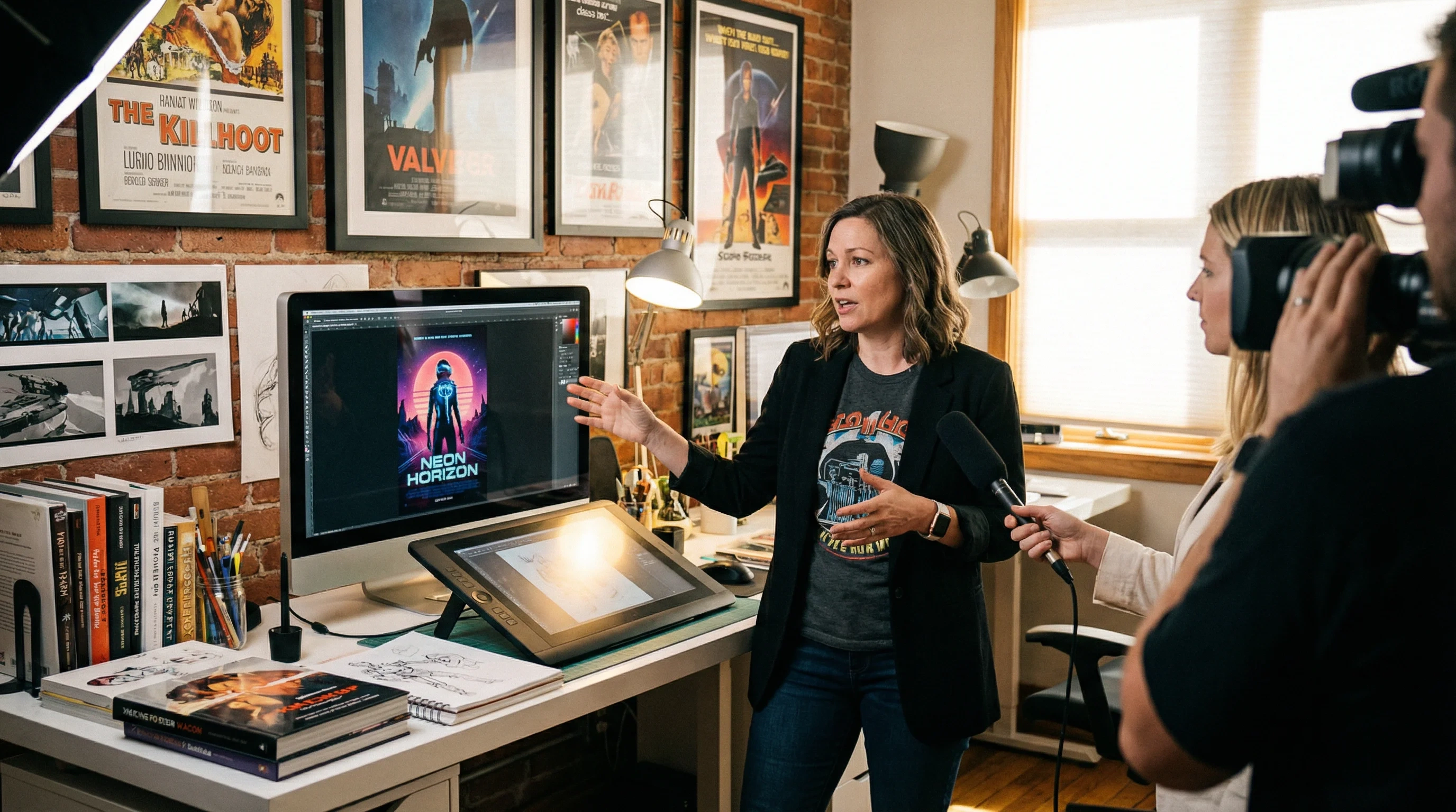 电影海报设计师工作室访谈拍摄现场创作环境展示